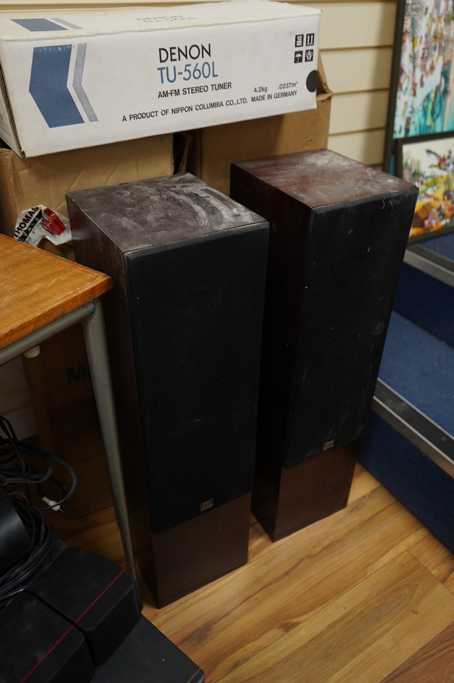 A pair of Monitor 14 loudspeakers, a Denon PMA-880R amplifier, a Denon TU-560L AM-FM tuner, a Bose subwoofer and a pair Bose Red Line cube swivel speakers, the. Denon and Monitor items are in their original card boxes.